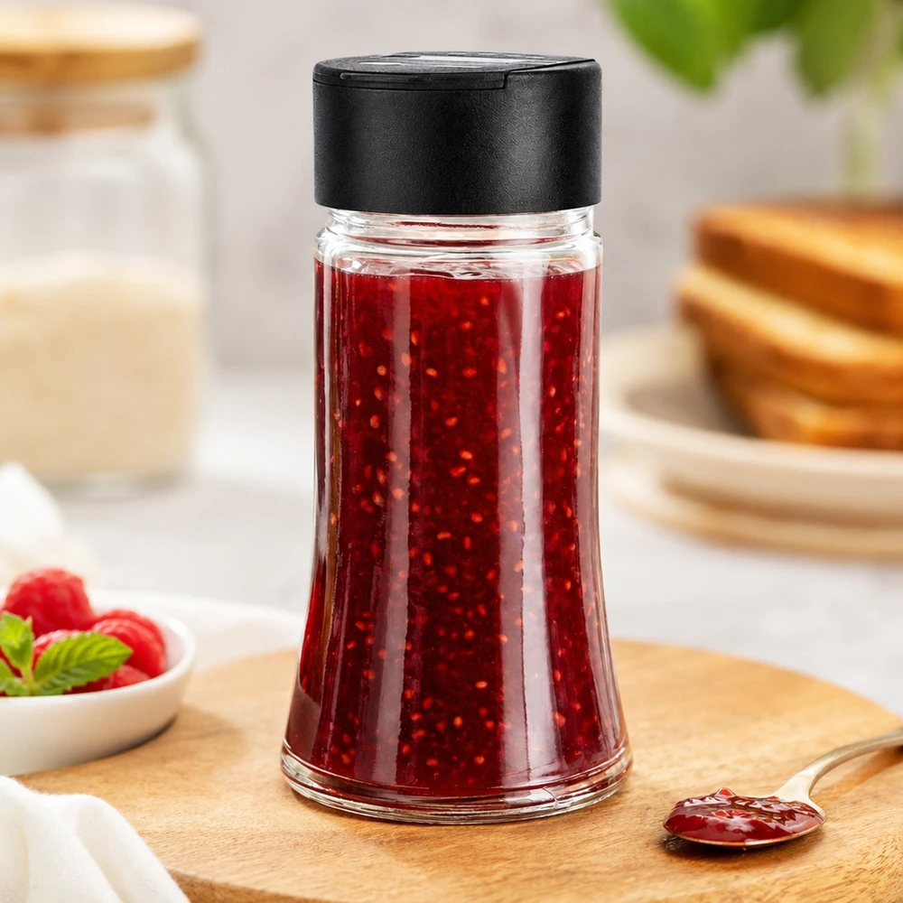 Pot à sel/épices 95 ml avec double saupoudreuse, noir Vielseitiges Glas 95ml für Marmelade und Gewürze mit Doppelstreuer für Küche und Frühstück