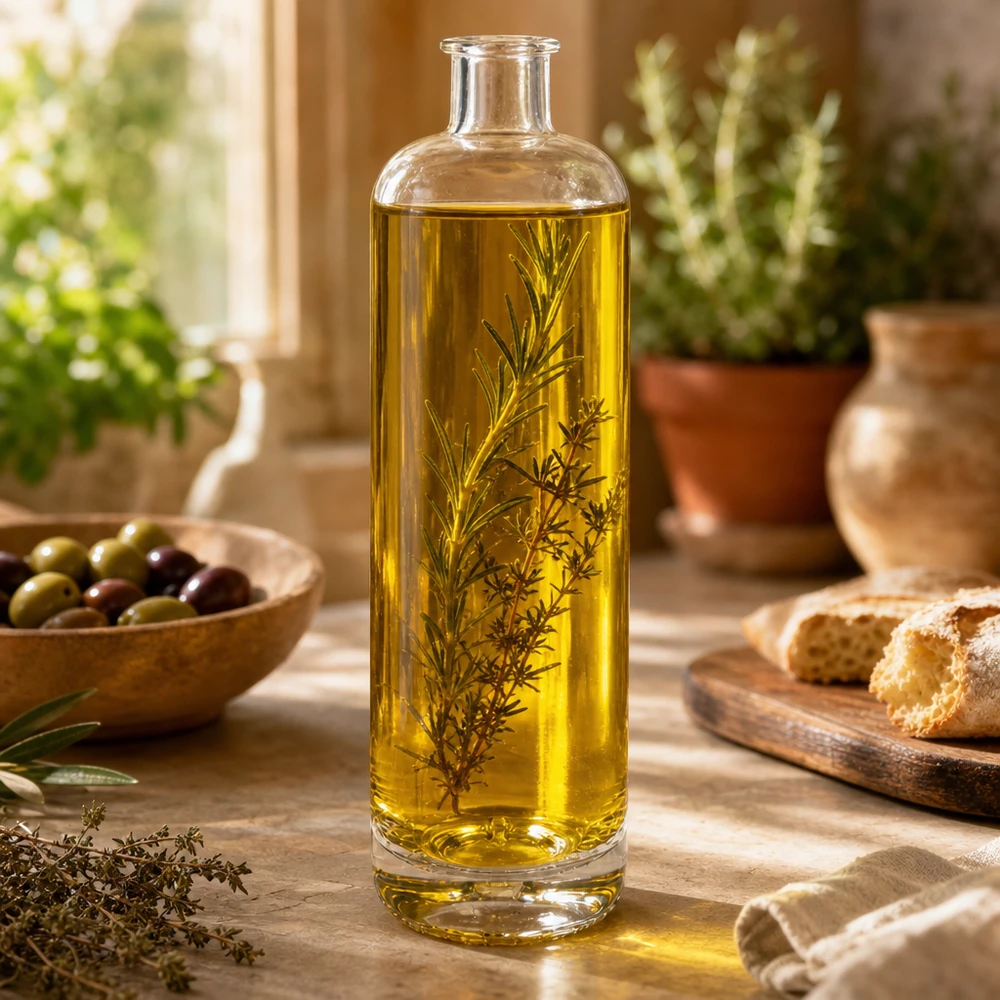 Bottiglia di vetro da 700 ml di Ella riempita di olio alle erbe su un tavolo di legno tra pane alle olive e decorazioni da cucina mediterranea
