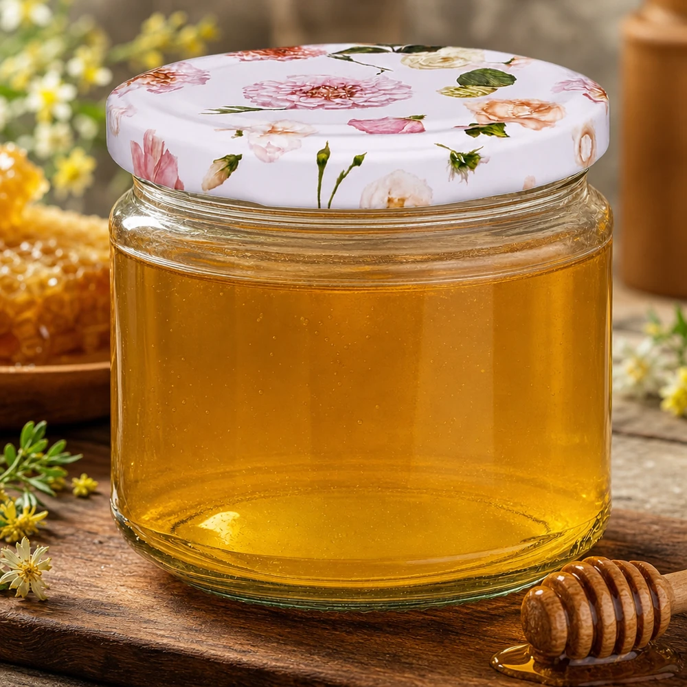 330ml Rundglas + BasicSeal Deckel Blume rosa UNiTWIST 330ml Rundglas mit rosa Blütenmuster gefüllt mit goldenem Honig neben Honiglöffel und Bienenwabe rustikale Küche
