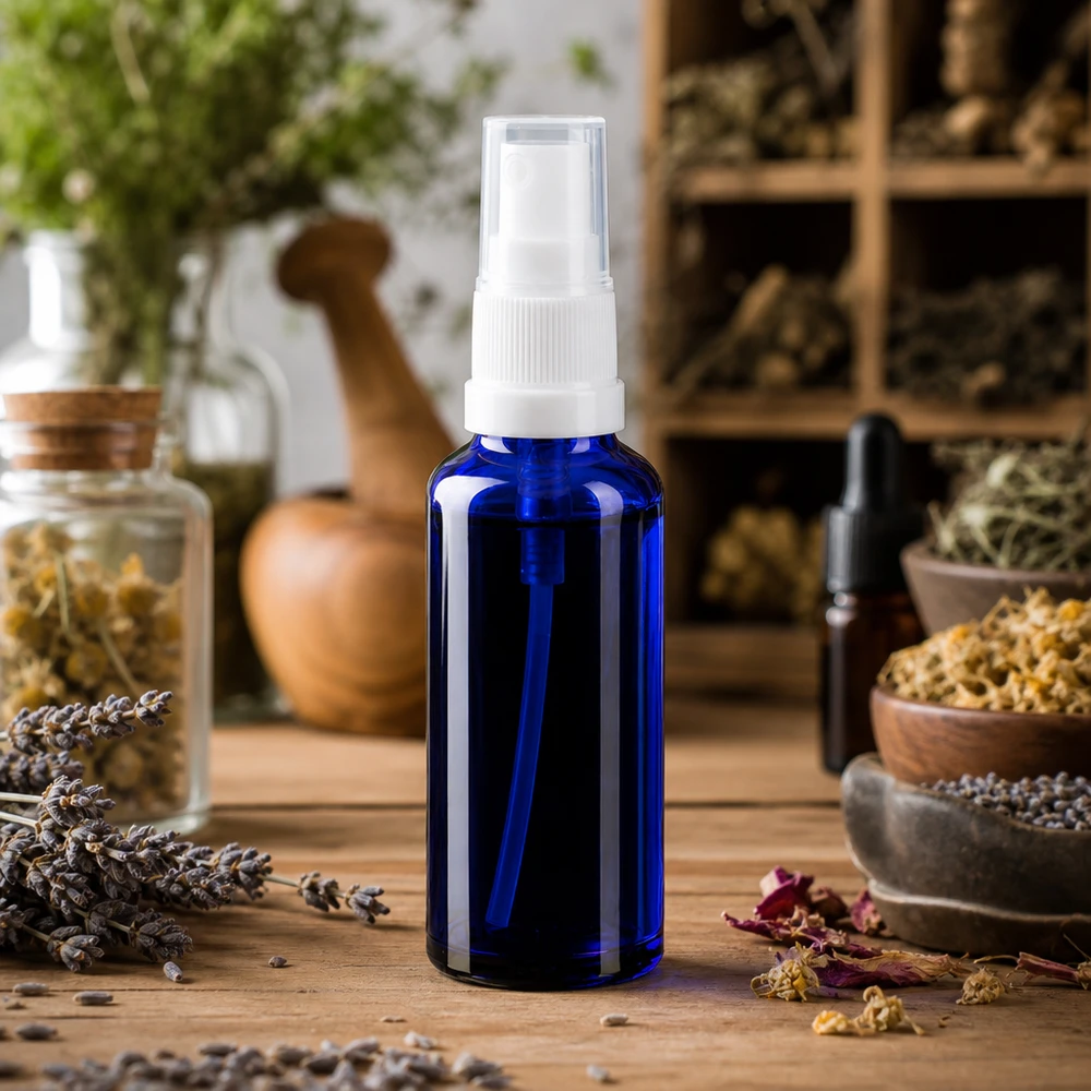 Kompakte blaue Sprühflasche aus Apothekerglas mit schwarzem Steigrohr für Aromatherapie