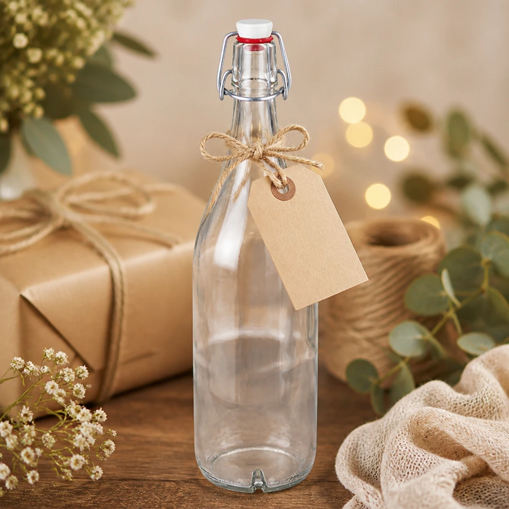 Bottiglia in vetro da 1000 ml con tappo a battente in porcellana da regalare con ciondolo e decorazioni naturali