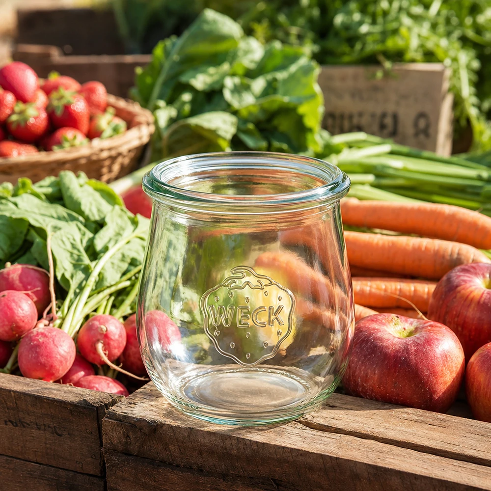 Vaso a tulipano da 220 ml WECK RR60 WECK vaso a tulipano 220ml RR60 vuoto tra verdure fresche e frutta su cassa di legno atmosfera cucina rustica