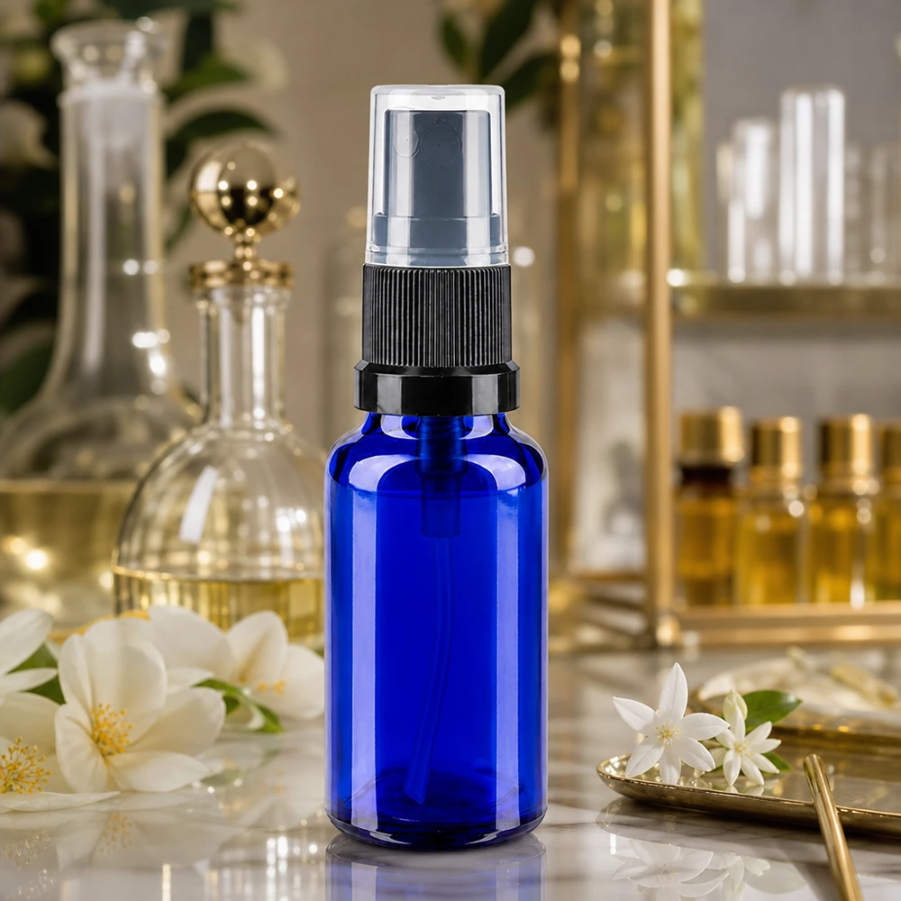 Apothekenflasche blau 20ml Sprayaufsatz schwarz Hochwertige 20ml Sprühflasche Kobaltblauglas mit schwarzem Zerstäuberkopf Standard-Ausführung