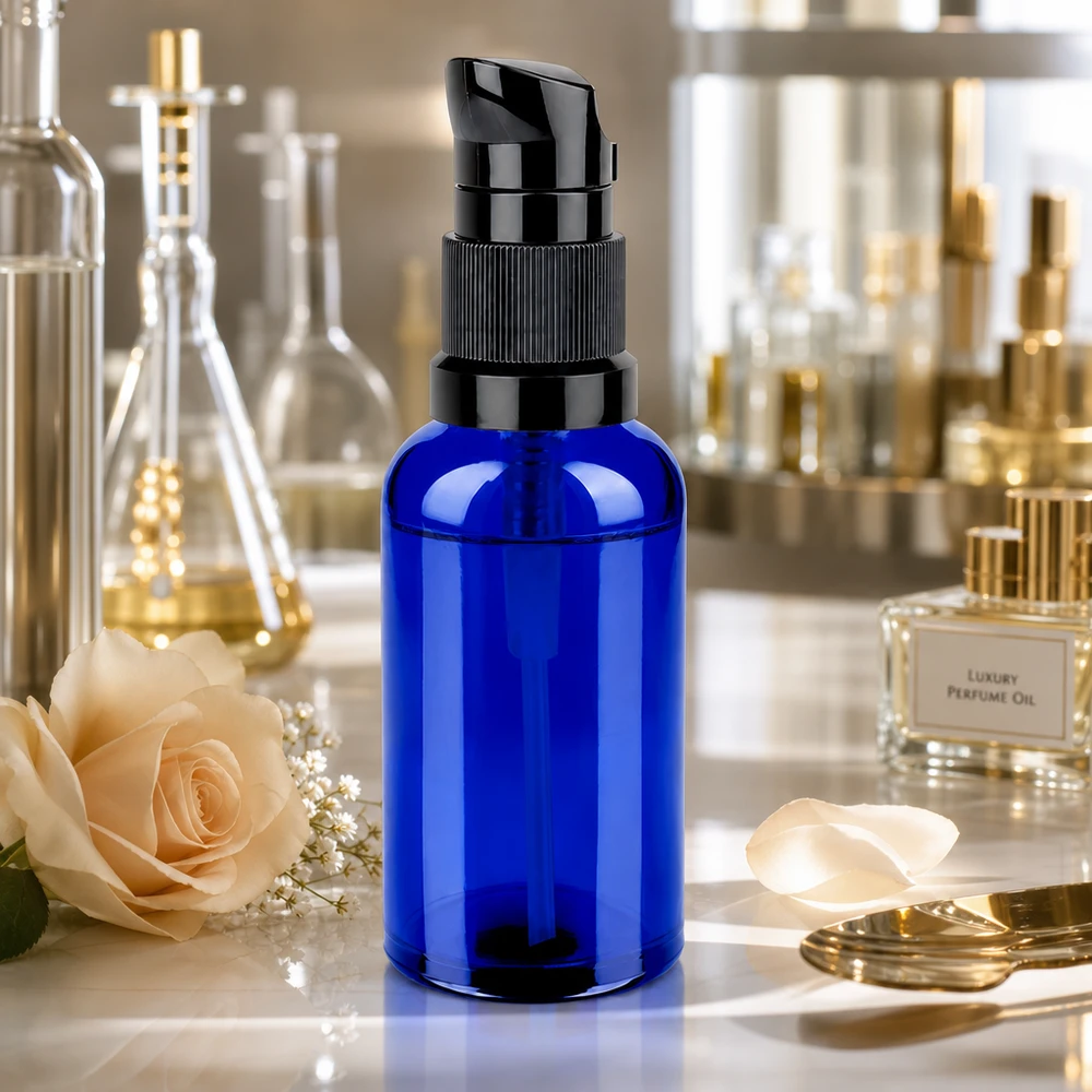 Elegante flacone dosatore blu da 50 ml con sistema a pompa nero STD BlueLine UT18/50