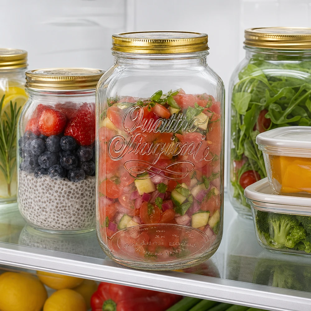 Vaso rotondo "Quattro Stagioni" da 3800ml con coperchio Quattro Stagioni: barattolo da 3800 ml pieno di salsa e frutti di bosco nel frigorifero.