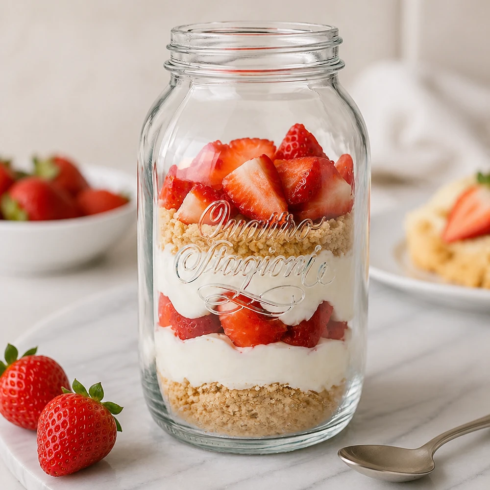 Bicchiere da 1500ml per uso domestico "Quattro Stagioni Quattro Stagioni 1500ml Einmachglas mit Schichtdessert aus Erdbeeren und Creme - perfekt für Meal Prep und Aufbewahrung