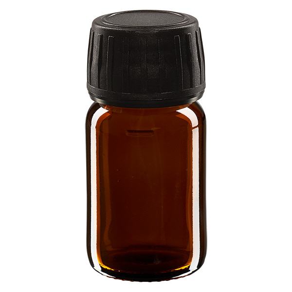 Flacone per medicinali da 30 ml marrone, tappo nero con originale Flacone per medicinali da 30 ml marrone, tappo nero con originale