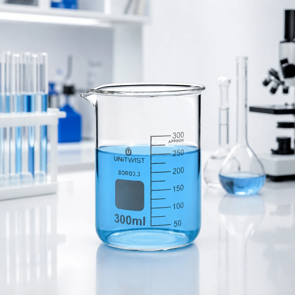 Bicchiere 300ml borosilicato, stampo basso UNiTWIST Becher da laboratorio in vetro trasparente da 300 ml con liquido blu e scala in millilitri di UNiTWIST
