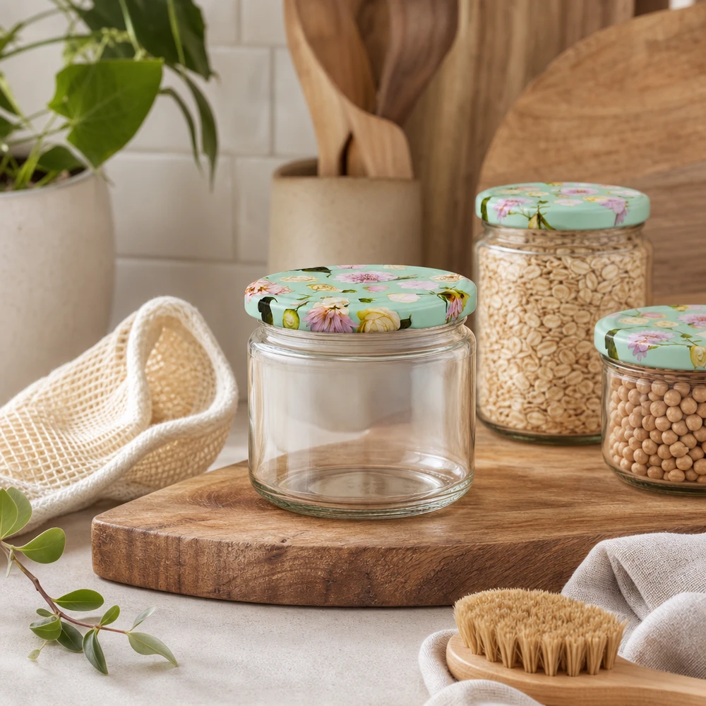 Vasetto rotondo da 330 ml con coperchio BasicSeal fiore di menta vuoto su una tavola di legno accanto a legumi e utensili da cucina