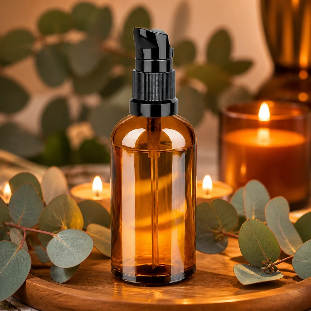 Flacone compatto in vetro da 100 ml marrone con dispenser a pompa igienico per uso quotidiano
