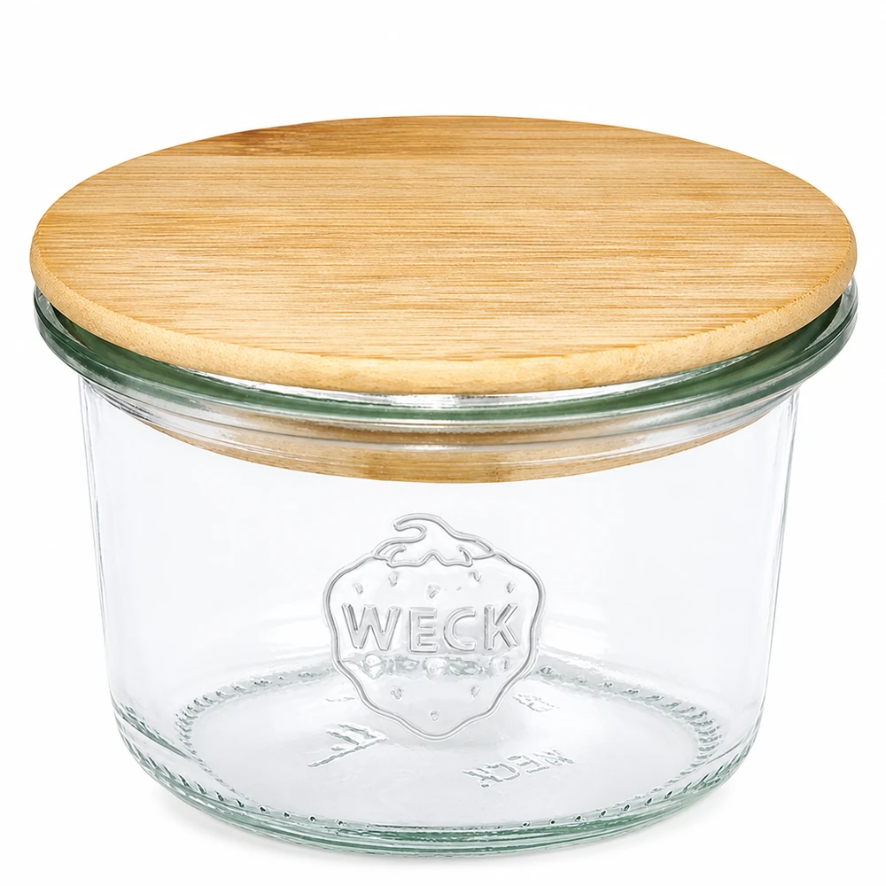Barattolo da 80 ml WECK RR60 con coperchio in legno WECK tumbler 80ml RR60 con coperchio in legno di bambù per la conservazione e lo stoccaggio
