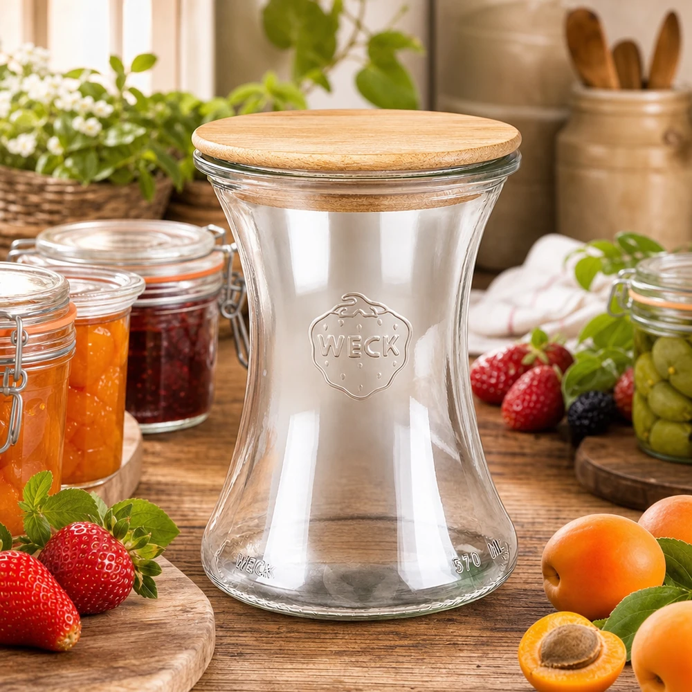 Barattolo da 370 ml WECK per salumeria RR80 con coperchio in legno in una cucina rustica circondata da frutta fresca e barattoli di marmellata