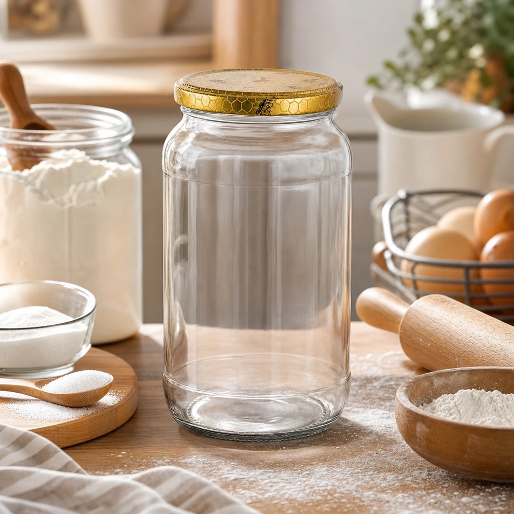 1062ml Rundglas + BasicSeal Deckel Bienenwabe UNiTWIST 1062ml Rundglas leer in Küchenszene mit Backzutaten Mehl Eier Nudelholz goldener Bienenwabe-Deckel Vorratsglas