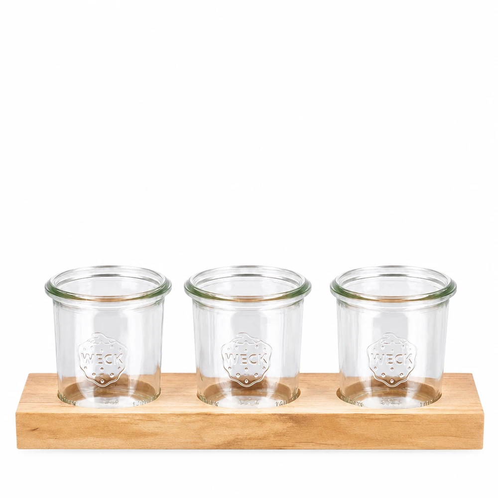 Tagliere Plano3 con 3 vasetti Weck da 140 ml Tavola da portata in legno Plano3 con 3 tumbler WECK da 140 ml per cucina e magazzino
