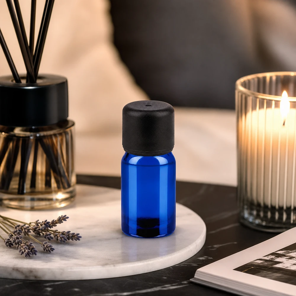 Barattolo di vetro blu scuro da 5 ml con tappo a vite nero per una conservazione sicura