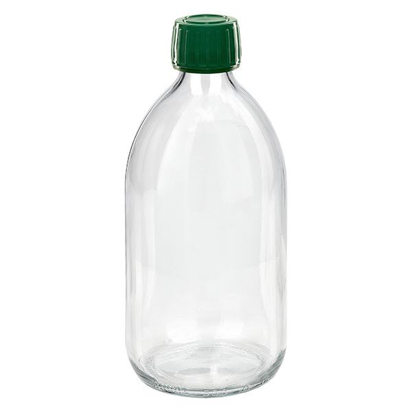 Flacone per medicinali da 500ml trasparente, tappo verde con chiusura antimanomissione Flacone per medicinali da 500ml trasparente, tappo verde con chiusura antimanomissione
