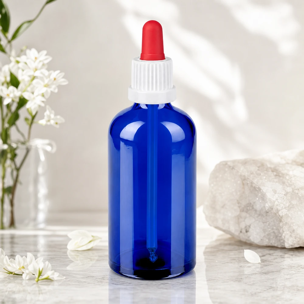 Robusto flacone da laboratorio da 100 ml in vetro blu con tappo bianco igienico e contagocce