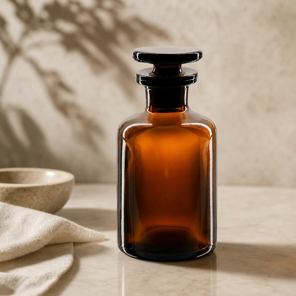 Flacone in vetro color ambra da 50 ml con tappo piatto per oli essenziali e aromaterapia