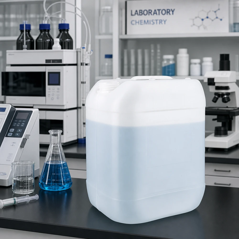 Jerrican de 20 litres sans bouchon Bidon en PEHD vide de 20 litres, sans bouchon, translucide, posé sur une paillasse de laboratoire à côté d'un flacon d'Erlenmeyer