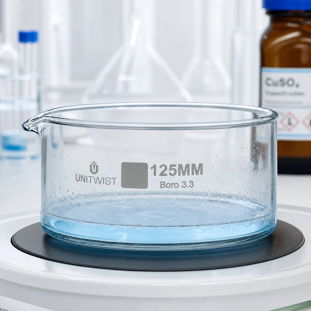Kristallisierschale ø125mm Borosilikatglas UNiTWIST Kristallisierschale Borosilikatglas UNiTWIST 125mm mit Ausguss seitlich und beschrifteter Größenangabe