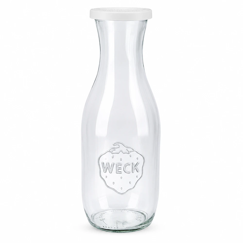 Bottiglia per succhi da 1062 ml con coperchio salva-freschezza WECK RR60 Bottiglia per succhi di frutta WECK da 1062 ml in vetro con coperchio bianco per la freschezza e logo WECK per succhi e bevande