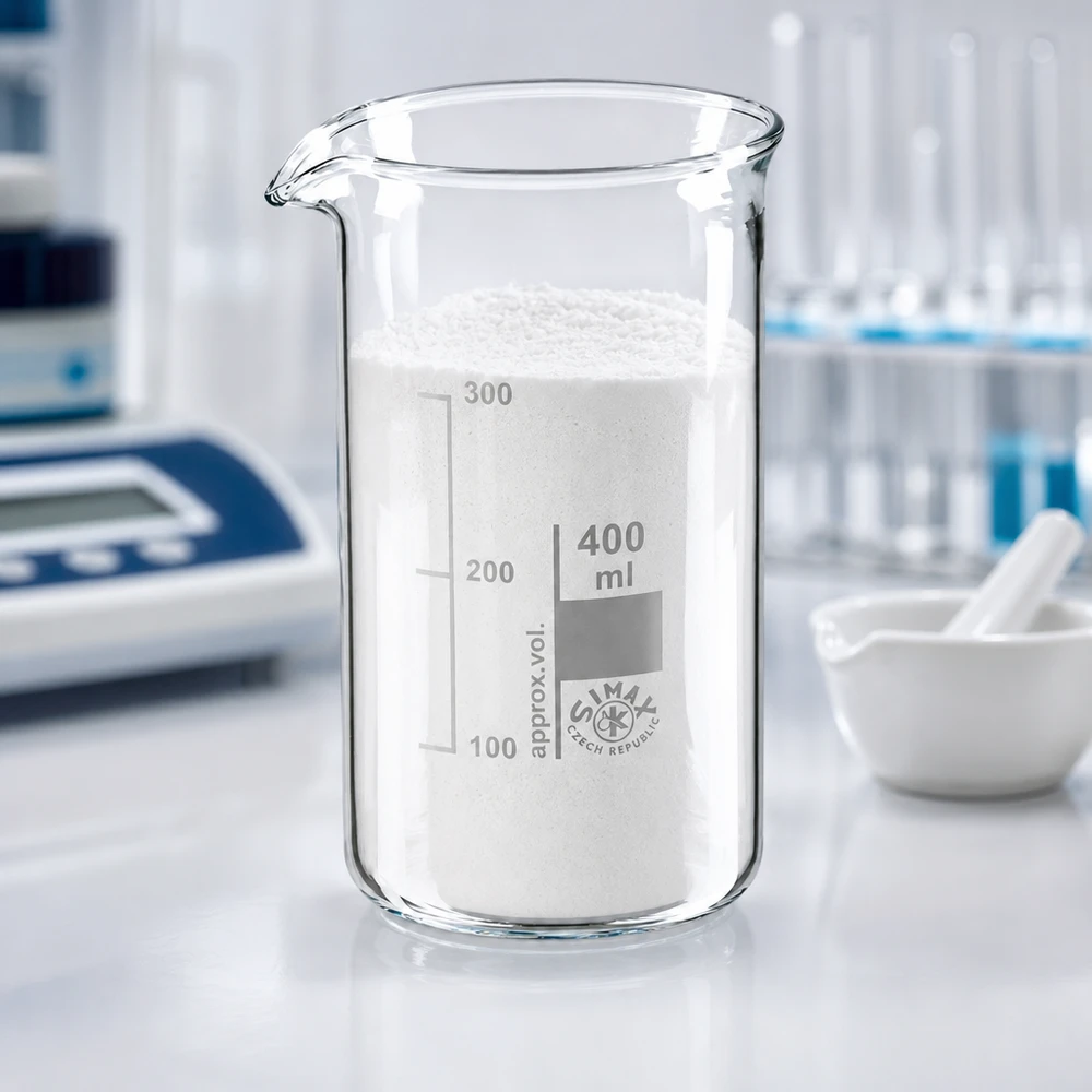 Bicchiere da 400 ml in vetro borosilicato, forma alta Becher da 400 ml di forma alta, pieno di polvere bianca, in laboratorio accanto a un mortaio e a un pestello