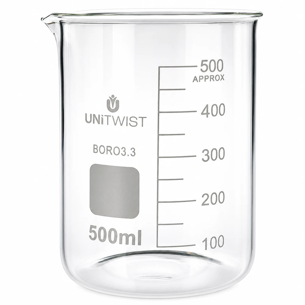 Bicchiere 500ml borosilicato, stampo basso UNiTWIST Bicchiere da 500 ml in borosilicato a forma bassa di UNiTWIST con scala in millilitri