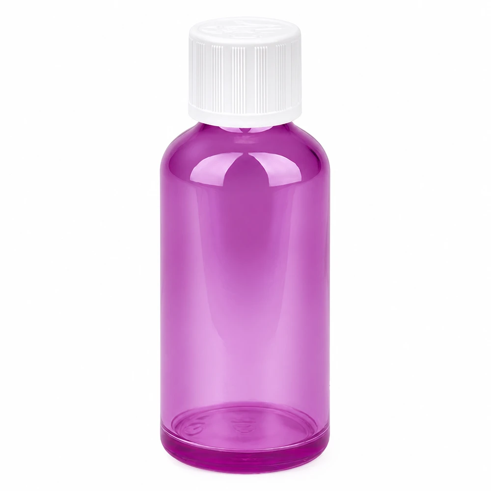 Flacon 50ml bouchon à vis 11mm blanc standard sécurité enfant PurpleLine UT18/50 Flacon compact en verre violet de 50 ml avec filetage standard pour les applications goutte à goutte