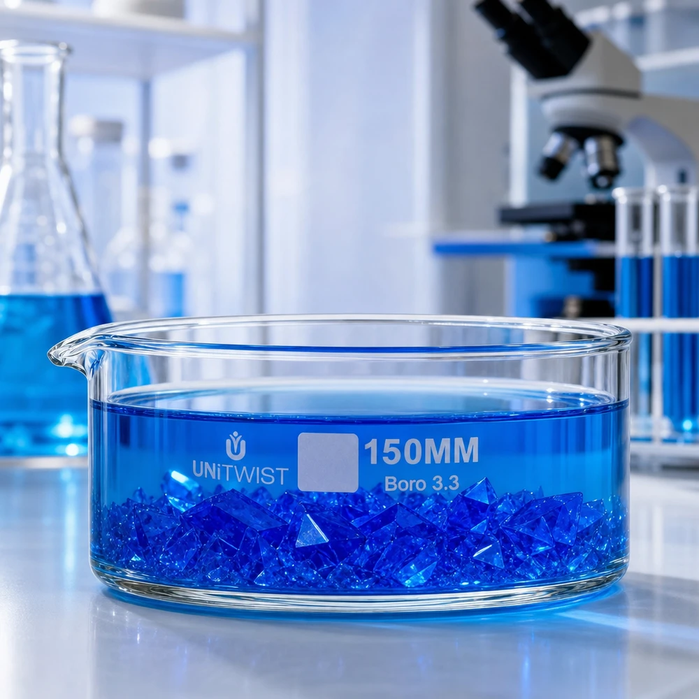 Cristallisoir ø150mm verre borosilicaté UNiTWIST Coupelle de cristallisation UNiTWIST 150 mm avec des cristaux bleus en solution – expérience de laboratoire