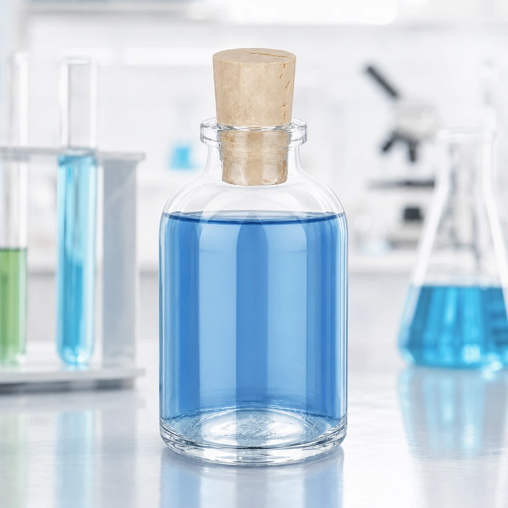 Bottiglia in vetro trasparente da 50 ml con tappo in sughero da 11/14 mm Bauchige Vorratsflasche aus Klarglas 50ml mit konischem Naturkorken Laborausstattung