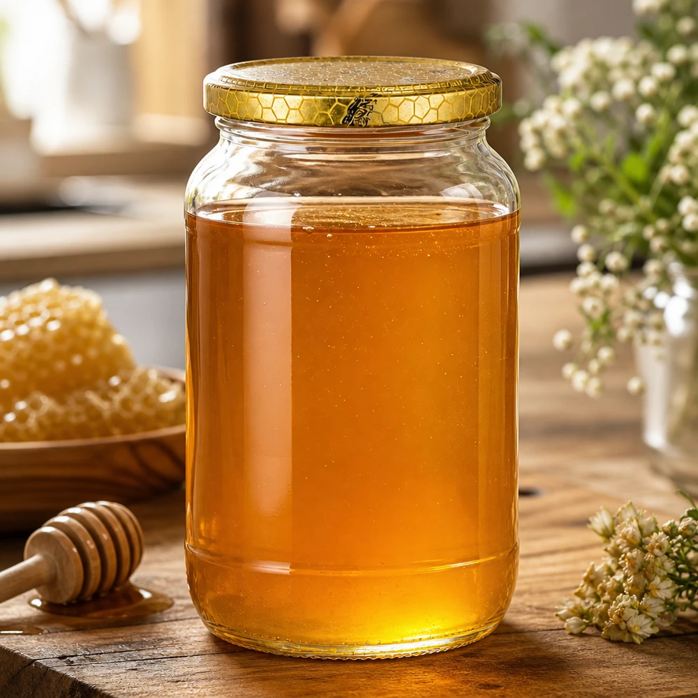 1062ml Rundglas + BasicSeal Deckel Bienenwabe UNiTWIST 1062ml Rundglas mit goldenem Bienenwabe-Deckel gefüllt mit Honig neben Waben und Honiglöffel natürliche Küchendeko