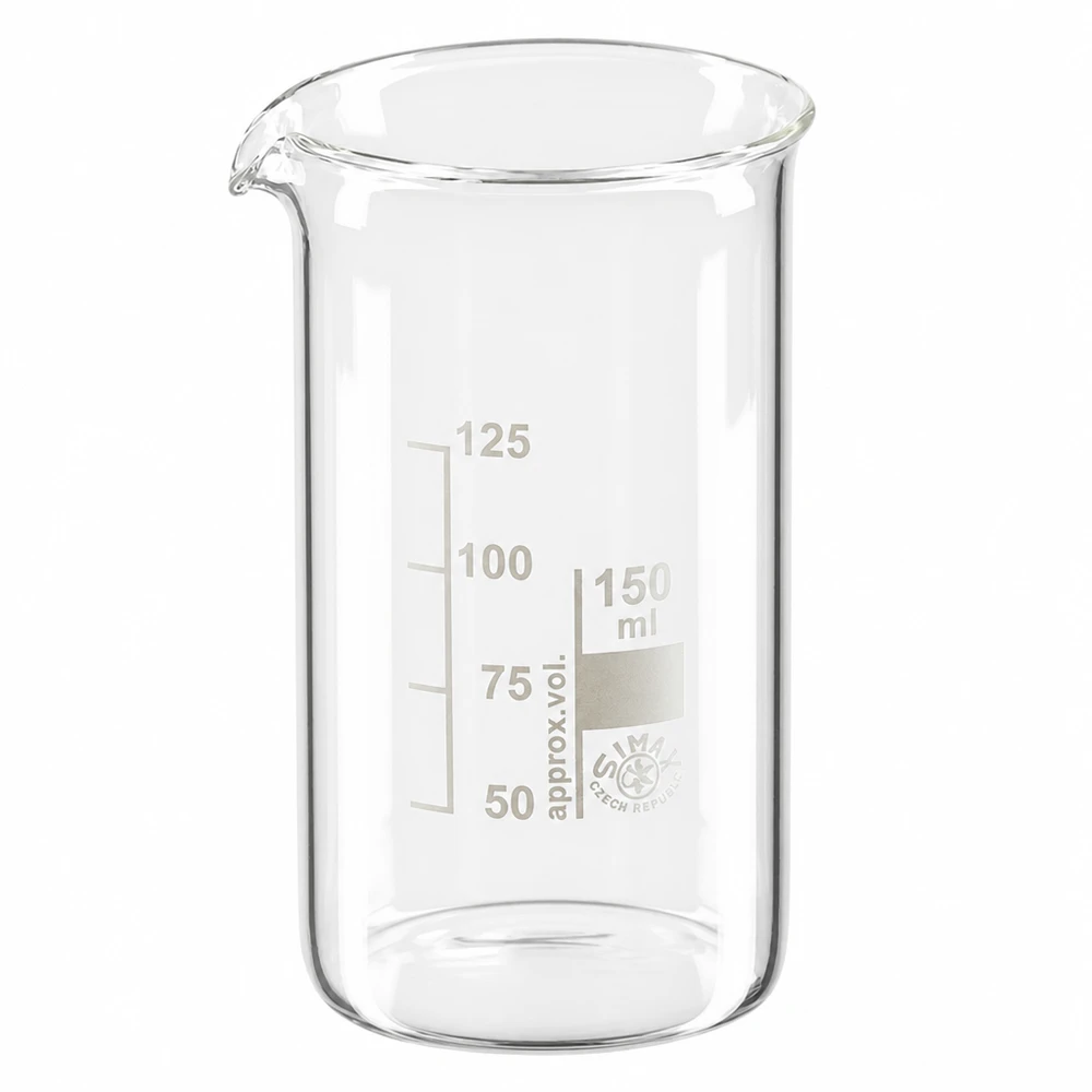 Bicchiere in vetro borosilicato da 150 ml, forma alta Bicchiere da laboratorio da 150 ml, modello alto, in vetro borosilicato, con scala graduata in millilitri e beccuccio