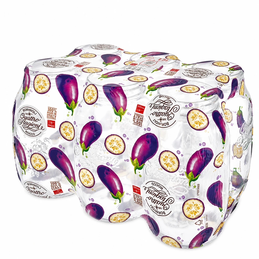 1500ml vetro tondo "Quattro Stagioni" con coperchio Set di 6 vasi da conserva Quattro Stagioni da 1500 ml con decorazione colorata a melanzana, tappo a vite.