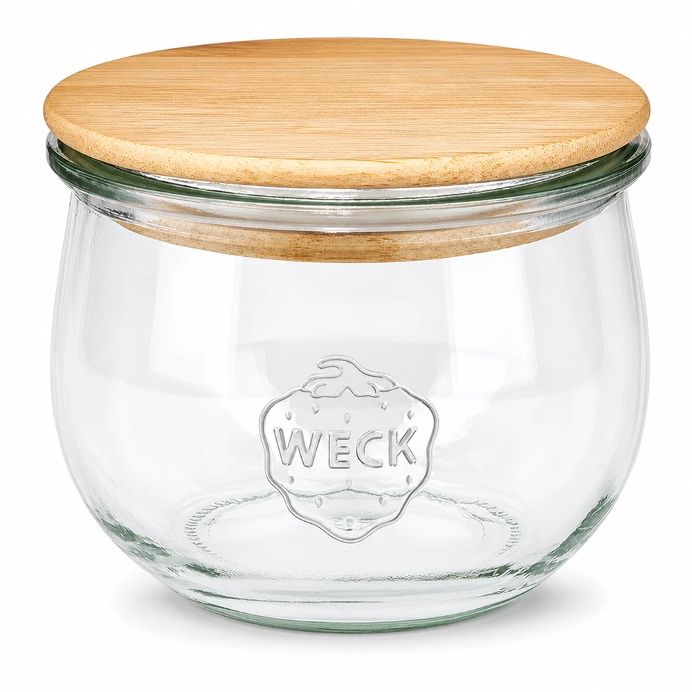 Barattolo WECK a tulipano 580ml RR100 con coperchio in legno naturale - barattolo in vetro trasparente con logo WECK