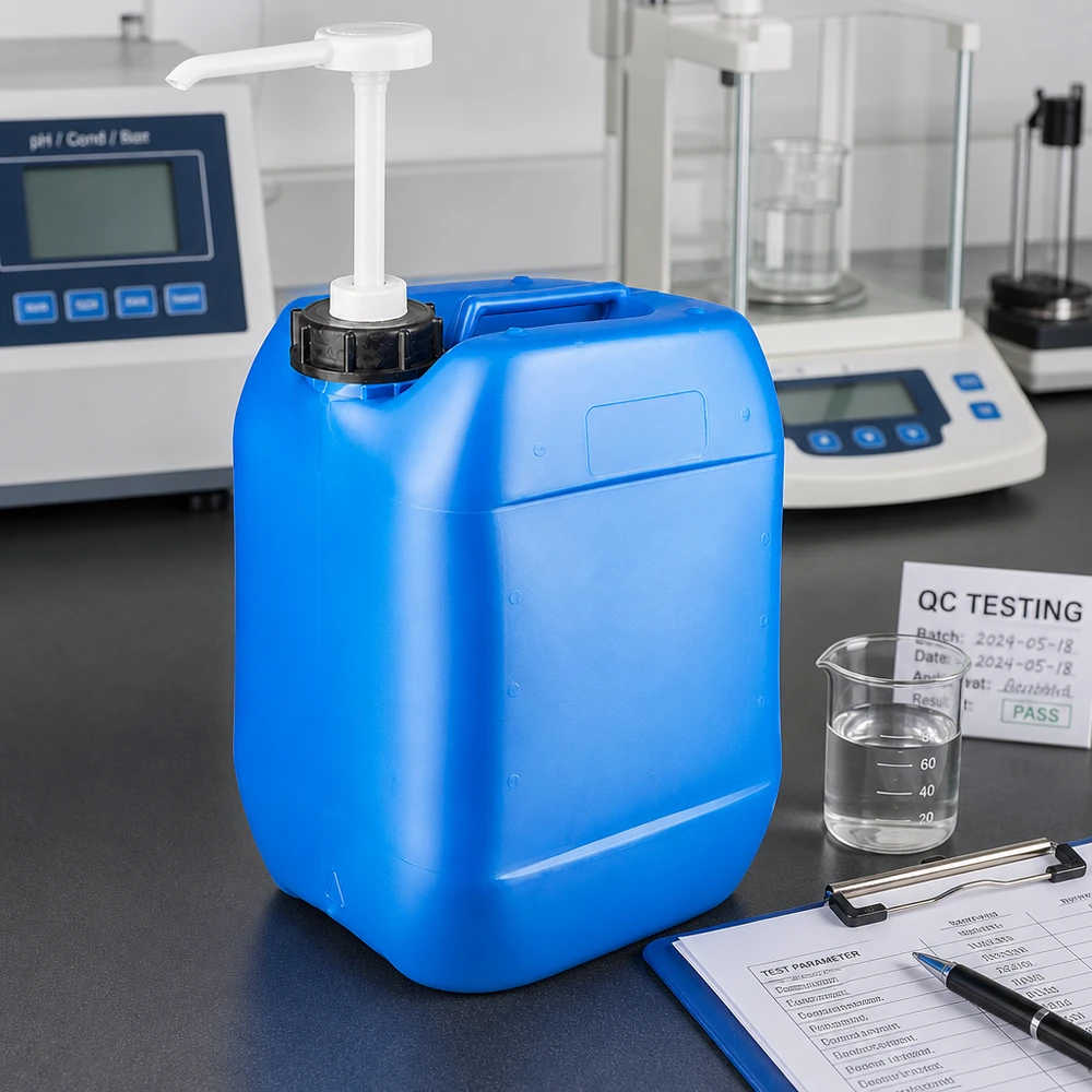 Bidon de 10 litres bleu avec pompe doseuse Bidon bleu de 10 litres équipé d'une pompe doseuse, dans un laboratoire, à côté d'un pH-mètre et d'une balance d'analyse