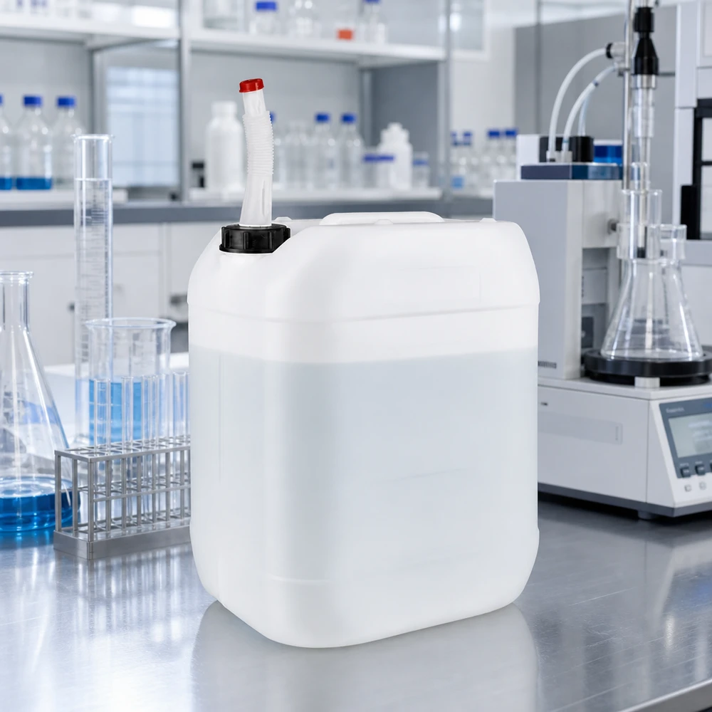 Bidon 20 litres avec tuyau d'écoulement Flex Bidon rectangulaire de 20 L en PEHD, muni d'un bec verseur flexible et d'un bouchon à vis noir