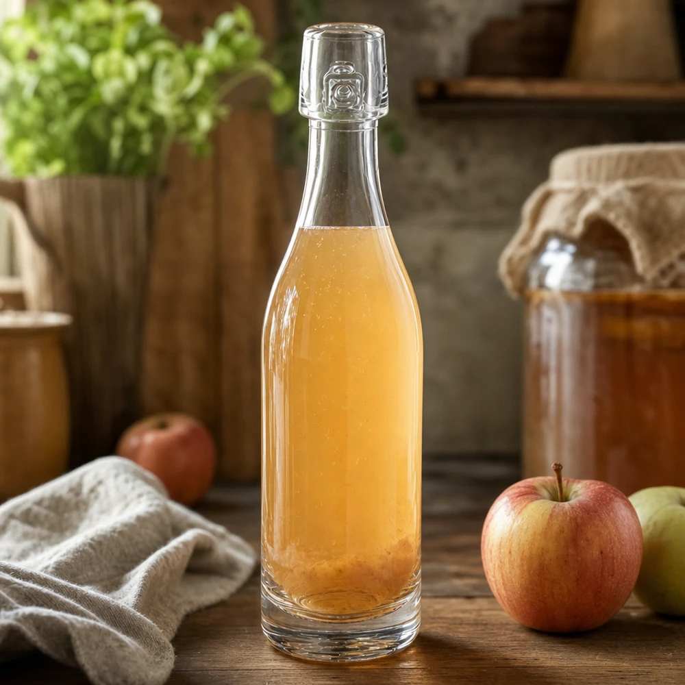 Bottiglia in vetro da 50 ml senza tappo UNiTWIST Bottiglia di vetro da 50 ml UNiTWIST riempita di succo di mela accanto a mele fresche Scena di cucina rustica sfondo in legno