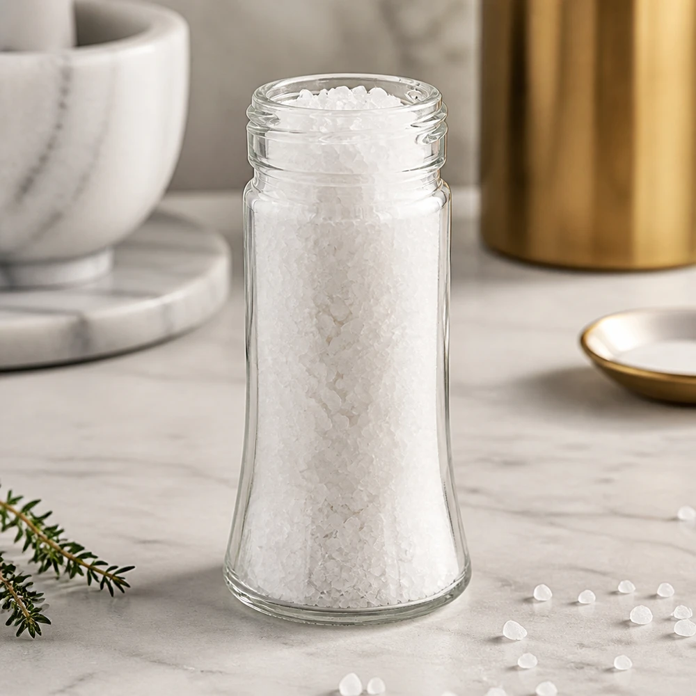 Salz/-Gewürzglas Bobby 95ml, Gewinde 41mm Klarglas Kleines Vorratsglas Bobby 95ml aus Klarglas mit Salzkristallen in modernem Küchensetting
