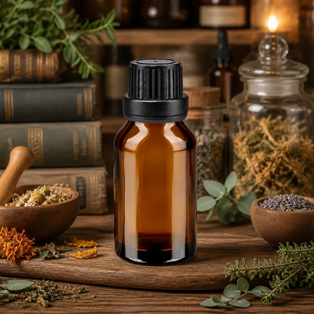 Flacon de pharmacie brun 15ml bouchon vissable noir bouchon inviolabilité Flacon de pharmacie marron de 15 ml muni d'un bouchon à vis noir, entouré d'herbes médicinales et de fleurs séchées