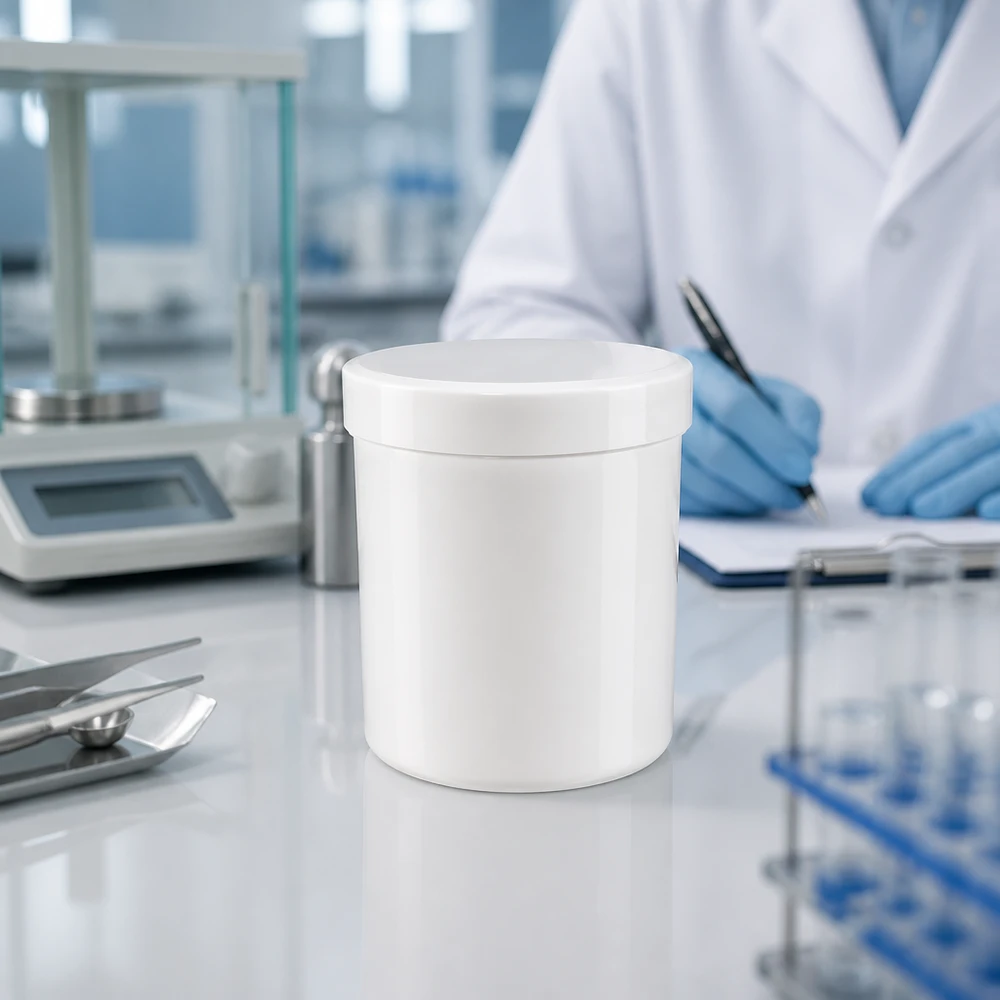 Pot à couvercle vissé en polypropylène blanc d'une contenance de 75 g, destiné aux pommades, crèmes et gels