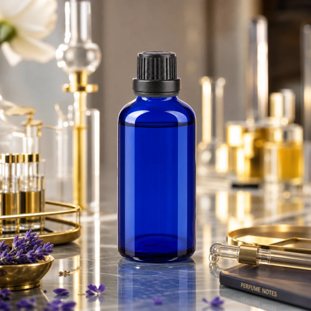 Flacon à pharmacie bleu 50ml bouchon inviolabilité 2mm noir Flacon de pharmacie bleu cobalt de 50 ml avec bouchon à vis noir, posé sur un plan de travail en marbre dans une ambiance de laboratoire