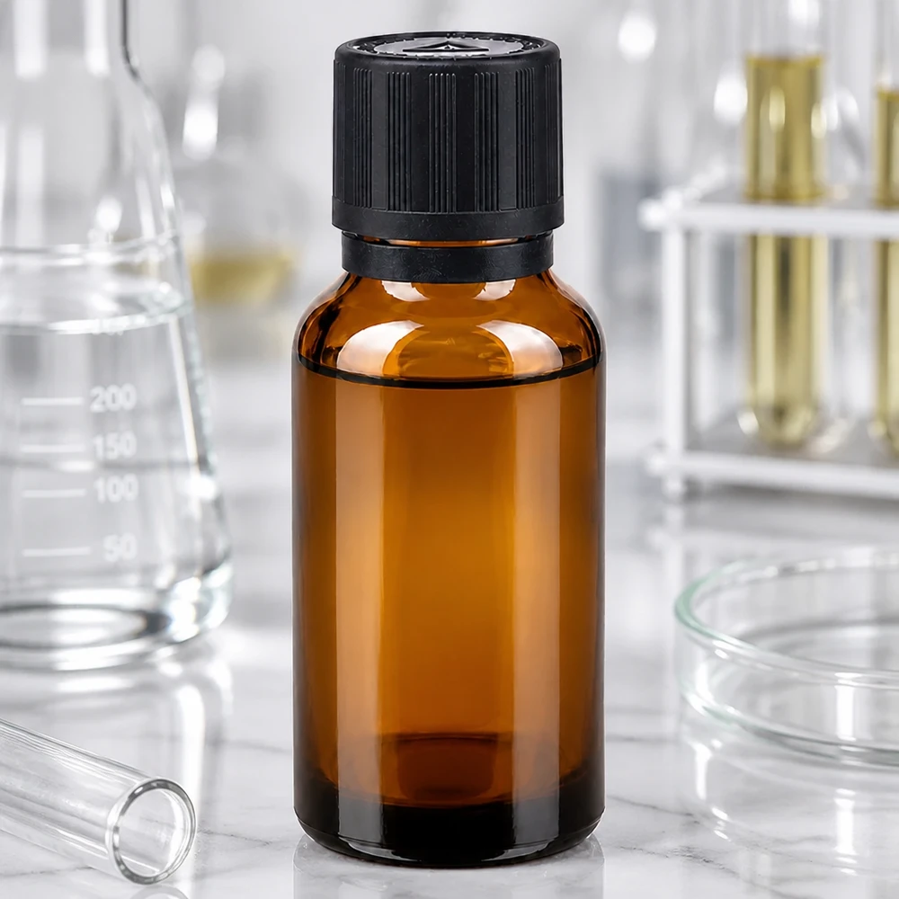 Apothekenflasche braun 20ml Tropfer Giessring 1mm schwarz Kindersicherung Blindenwarnsymbol Originalitätsverschluss Pharmazeutische Braunglasflasche mit 1mm Tropfeinsatz und Kindersicherung auf Marmoruntergrund