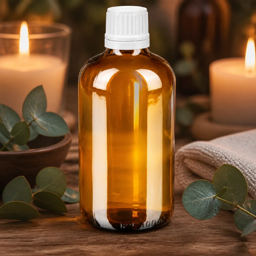 Flacon de pharmacie brun 100ml bouchon compte-gouttes 1.2mm blanc bouchon d'inviolabilité Flacon compte-gouttes en verre brun de 100 ml avec bouchon d'origine blanc à sécurité enfant, posé sur une table en bois