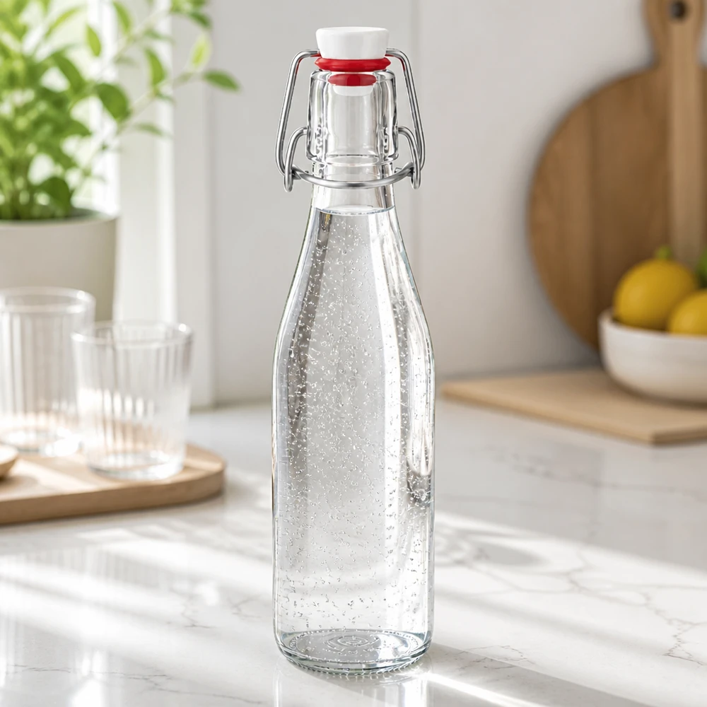 Bottiglia in vetro da 250 ml con tappo a battente riempita di acqua minerale, piano di lavoro moderno in marmo con bicchieri