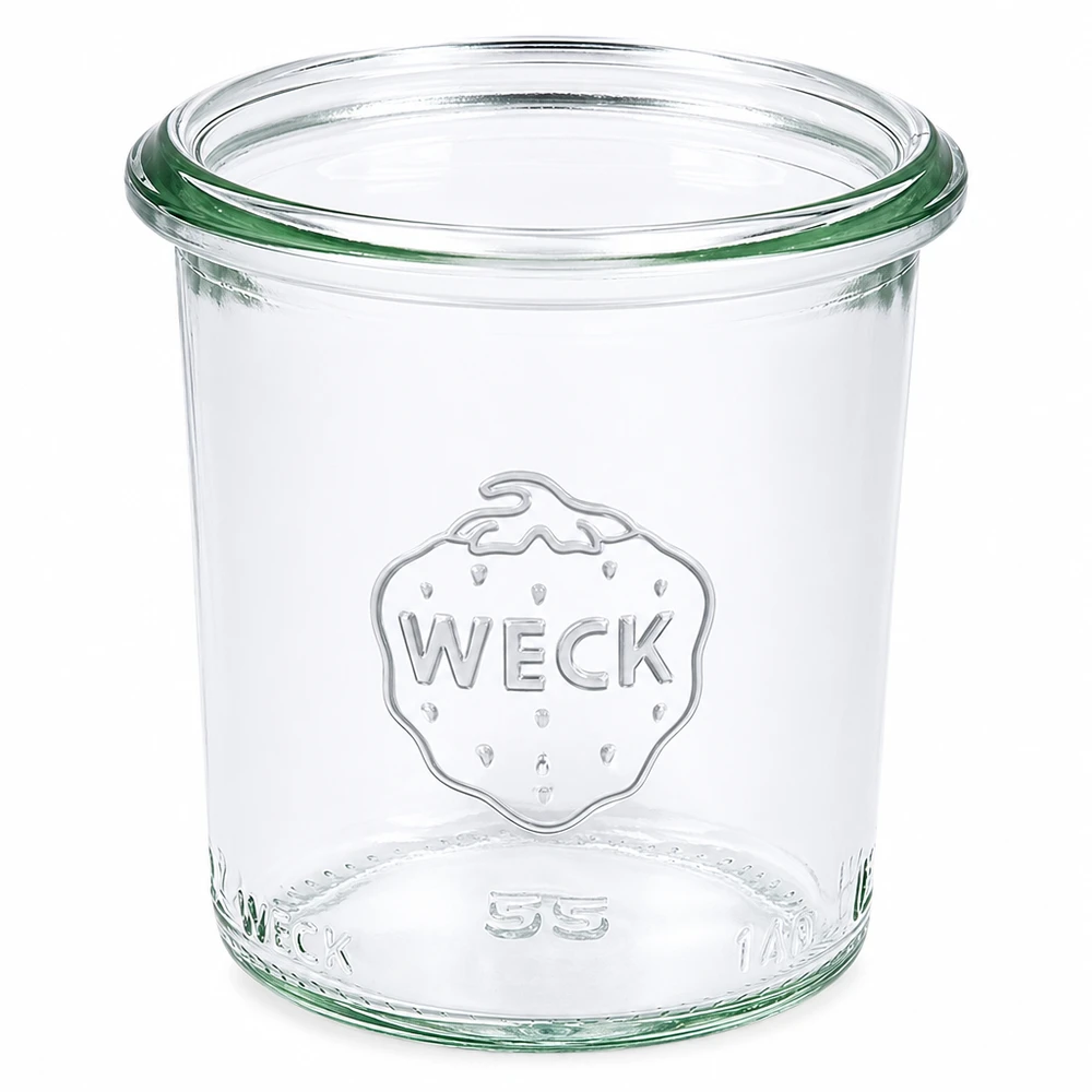 Bicchieri da 140 ml WECK RR60 Vaso da 140 ml WECK RR60 in vetro trasparente con logo WECK e anello di tenuta verde per la conservazione