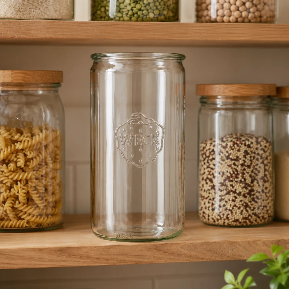 Barattolo cilindrico in vetro WECK RR100 da 1590 ml Vaso cilindrico WECK 1590ml RR100 vuoto in cucina tra vasi pieni di pasta e cereali su scaffale in legno