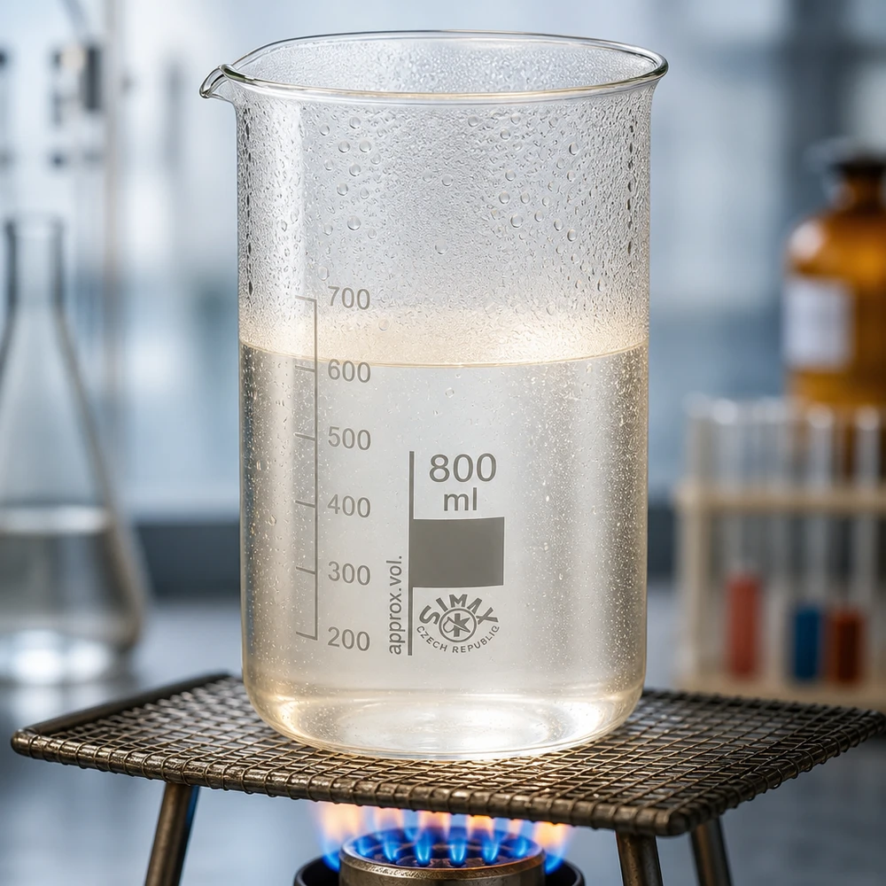 Bicchiere da 800 ml in vetro borosilicato, forma alta Becher da 800 ml, modello alto, riscaldato su un becco Bunsen con un liquido trasparente fino a un livello di 650 ml