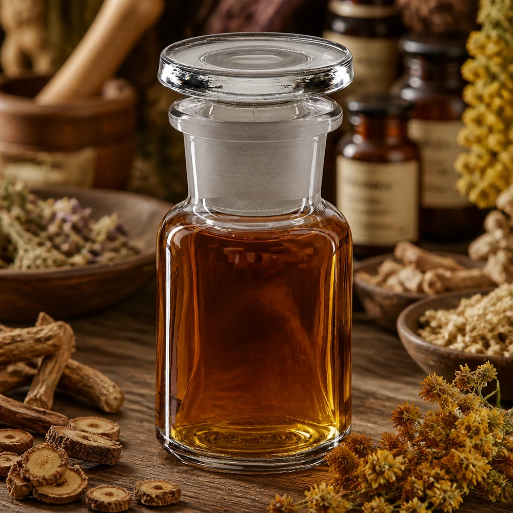 Bottiglia a spalla tonda 50ml chiara a collo largo in vetro con tappo Flacone trasparente da 50 ml a collo largo con tappo di vetro, tra erbe medicinali e radici su un tavolo di legno
