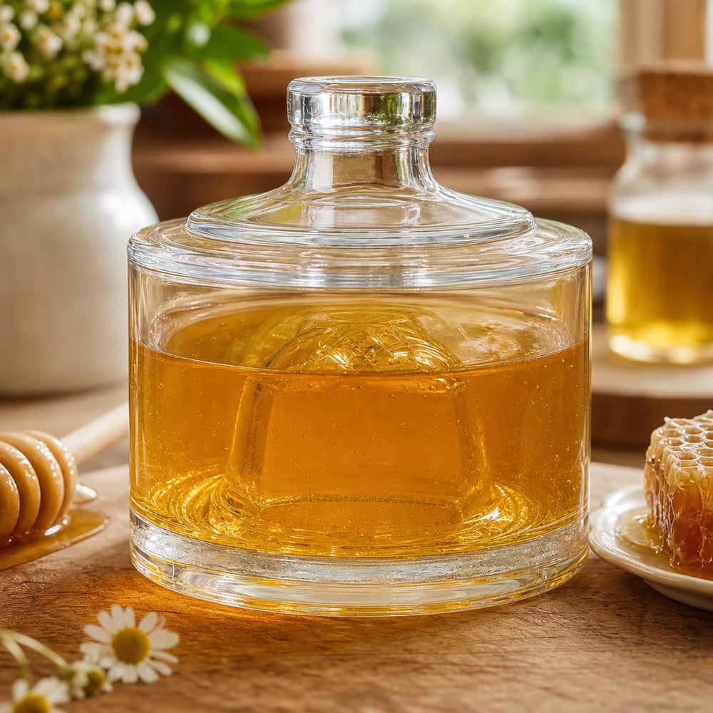 200ml Glasflasche Barbara als Honigglas mit Wabenhonig und Holzlöffel in natürlicher Küchen-Atmosphäre