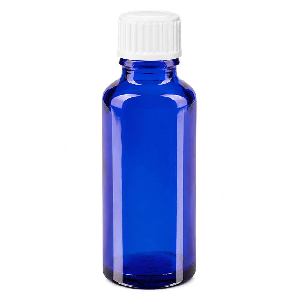 Apothekenflasche blau 30ml Schraubverschluss weiß Globuli Standard Hochwertige 30ml Apothekerflasche Blauglas lichtgeschützt mit weißem Schraubverschluss Standard